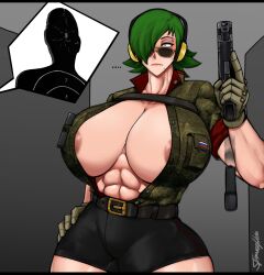  ... 1girl areola_slip artist_name avis_(strangehero) belt black_shorts breasts bullet_hole camouflage camouflage_shirt collarbone commentary constricted_pupils cowboy_shot english_commentary female_focus gloves green_eyes green_gloves green_hair grey_background gun hand_on_own_hip handgun headphones highres holding holding_gun holding_weapon huge_breasts indoors magazine_(weapon) mole mole_under_eye muscular muscular_female no_bra open_clothes open_shirt original piercing pistol russian_flag shirt short_hair shorts simple_background solo strangehero sunglasses surprised sweatdrop target thick_thighs thighs weapon you&#039;re_doing_it_wrong  rating:Questionable score:14 user:Itwyug3
