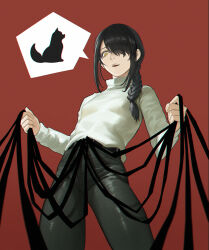  1girl black_cat207 black_pants braid braided_ponytail chainsaw_man highres holding holding_leash leash leash_belt nayuta_(chainsaw_man) open_mouth pants red_background ringed_eyes simple_background solo sweater sweater_tucked_in turtleneck turtleneck_sweater white_sweater yellow_eyes  rating:General score:36 user:danbooru