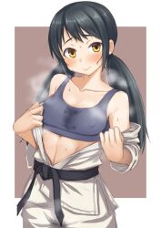  1girl bare_shoulders black_hair blue_sports_bra blush border breasts brown_background brown_eyes cleavage closed_mouth clothes_pull collarbone covered_erect_nipples cowboy_shot dougi idolmaster idolmaster_cinderella_girls idolmaster_cinderella_girls_starlight_stage jacket jacket_pull kou_(garakuta_teikoku) long_hair long_sleeves looking_at_viewer medium_breasts midriff nakano_yuka obi off_shoulder outside_border pants sash shy simple_background solo sports_bra standing steam sweat sweaty_clothes twintails white_border white_jacket white_pants 