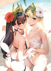  2girls arm_strap ass bare_shoulders beach beach_umbrella bikini black_hair blonde_hair blue_eyes blunt_bangs blurry blurry_foreground blush breast_press breasts breasts_out cleavage collarbone comic_anthurium day depth_of_field flower from_behind hair_between_eyes hair_flower hair_ornament halterneck hibiscus highres kneeling large_breasts long_hair looking_at_viewer looking_back medium_breasts multiple_girls nipples non-web_source one-piece_swimsuit outdoors parted_lips petals pink_eyes sasaoka_gungu see-through shoulder_blades sideboob skindentation smile swimsuit symmetrical_docking thigh_strap thighs thong thong_bikini twintails umbrella water white_one-piece_swimsuit 