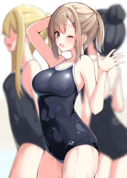  3girls ;d arm_behind_head arm_up bare_arms bare_shoulders black_hair black_one-piece_swimsuit blonde_hair blurry blurry_background blush breasts brown_eyes brown_hair childhood_friend_(ominaeshi) commentary_request covered_navel depth_of_field faceless faceless_female hair_between_eyes hair_bun hair_ornament hairclip highres long_hair looking_at_viewer medium_breasts multiple_girls ominaeshi_(takenoko) one-piece_swimsuit one_eye_closed open_mouth original ponytail smile standing swimsuit white_background 