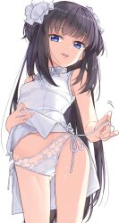  1girl black_hair blue_eyes breasts bun_cover clothes_lift commentary_request dress dress_lift highres ina_(inadahime) kaoru-chan_(ina_(inadahime)) lace lace-trimmed_panties lace_trim lifted_by_self long_hair looking_at_viewer original panties parted_lips short_dress side-tie_panties simple_background small_breasts smile solo underwear white_background white_dress white_panties 
