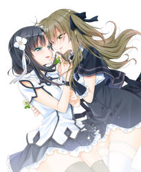  2girls aqua_eyes arm_cutout assault_lily black_capelet black_hair black_ribbon black_skirt blunt_bangs blush breasts brown_hair buttons capelet clothing_cutout clover commentary cowboy_shot eye_contact face-to-face floating_hair flower forehead-to-forehead frilled_skirt frills grey_thighhighs hair_between_eyes hair_flower hair_ornament hair_ribbon hair_scrunchie hand_on_another&#039;s_back hands_up heads_together heterochromia high-waist_skirt highres holding holding_another&#039;s_hair holding_flower kuo_shenlin large_breasts light_particles long_hair looking_at_another miniskirt multiple_girls neck_ribbon one_side_up parted_lips pleated_skirt red_eyes ribbon school_uniform scrunchie shirt short_sleeves side-by-side simple_background skirt smile standing takano_saku tassel tassel_hair_ornament thighhighs wang_yujia white_background white_flower white_scrunchie white_shirt white_thighhighs wristband yellow_eyes yuri yurigaoka_girls_academy_school_uniform zettai_ryouiki 