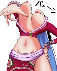  1girl boa_hancock bouncing_breasts breasts cape covered_erect_nipples cowboy_shot facing_viewer female_focus groin hand_on_own_hip head_back highres large_breasts legs_apart long_sleeves midriff motion_lines navel nipples no_bra one_breast_out one_piece pointing pointing_at_viewer sarong simple_background sleeves_past_wrists solo standing wardrobe_malfunction white_background  rating:Questionable score:23 user:fav-gotes