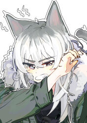 1girl absurdres animal_ears bandage_on_face bandages black_nails cat_ears cat_girl cat_tail clenched_teeth commentary fur-trimmed_jacket fur_trim girls_band_cry green_jacket grey_eyes grey_hair highres jacket kawaragi_momoka kemonomimi_mode long_hair long_sleeves looking_at_viewer tail teeth upper_body ydpfa 