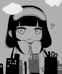 blunt_bangs building city cloud grey_background grey_hoodie heart hood hoodie inabakumori kimi_ni_kaikisen_(vocaloid) low_twintails mask mask_on_head monochrome nukunuku_nigirimeshi_(style) osage_(nukunuku_nigirimeshi) sleep_mask sleeves_past_wrists smile solo twintails vocaloid