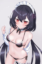  &gt;:( 1girl arm_behind_back armpit_crease artist_name bare_shoulders bikini black_hair black_ribbon blush breasts chestnut_mouth chinese_commentary choker collarbone commentary_request counter:side dated empty_eyes frilled_bikini_top frilled_choker frills grey_background hair_between_eyes hand_up highres jitome lily_(counter:side) long_hair long_sleeves looking_at_viewer low_twintails lowleg lowleg_bikini maid maid_bikini maid_headdress navel neck_ribbon neko_huan off_shoulder open_clothes open_shirt purple_ribbon red_eyes ribbon shirt side-tie_bikini_bottom small_breasts solo sparkle stomach sweatdrop swimsuit thigh_strap twintails unbuttoned unbuttoned_shirt unconventional_maid v-shaped_eyebrows variant_set very_long_hair white_shirt 