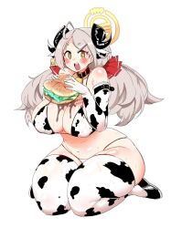  1girl animal_print ass bikini blue_archive blush breasts burger cleavage cow_print cowbell curvy grey_hair highres horns huge_breasts izumi_(blue_archive) long_hair looking_at_viewer navel open_mouth sitting solo sweatdrop swimsuit thick_thighs thighs white_background wide_hips  rating:Sensitive score:7 user:UserBox