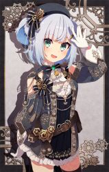 1girl :d aqua_hair ascot belt black_dress black_hat black_thighhighs black_vest blue_hair blush bow brooch brown_belt cowboy_shot dress frilled_dress frills gears gloves green_brooch hair_ornament hat indie_virtual_youtuber inemuri_koara jewelry long_sleeves looking_at_viewer mamyouda open_clothes open_mouth open_vest short_hair smile solo steampunk thighhighs vest white_ascot white_gloves 