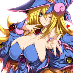  1girl blonde_hair blowing_kiss blush_stickers breasts cleavage dark_magician_girl duel_monster green_eyes hat heart highres huge_breasts large_breasts looking_at_viewer solo tsukasawa_takamatsu v yu-gi-oh! yu-gi-oh!_duel_monsters  rating:Sensitive score:94 user:Anonymous