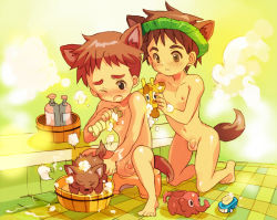  2boys animal_ears bath blush brown_hair coin_rand dog indoors multiple_boys nude one_eye_closed original penis puppy short_hair shota small_penis tail washing wink  rating:Explicit score:56 user:Bachus