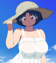 1girl bare_shoulders blue_hair blue_sky blush breasts brown_eyes cleavage dress hat highres large_breasts looking_at_viewer mage_(harumagedon) ranma_1/2 shadow short_hair sky smile solo tendou_akane variant_set white_dress