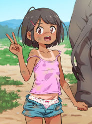 1girl animal artist_request black_hair blush breasts dark_skin day elephant flat_chest highres loli looking_at_viewer open_clothes outdoors panties poruserin sexually_suggestive short_hair short_shorts shorts size_difference small_breasts tagme testicles underwear v rating:Questionable score:131 user:Loli_sucker