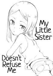 1girl absurdres artist_request ass blush deburasu denim denim_shorts flat_chest hard-translated highres incest loli looking_back lying monochrome nipple_slip nipples on_stomach short_shorts shorts solo text_focus third-party_edit  rating:Questionable score:19 user:prettyn_smasher