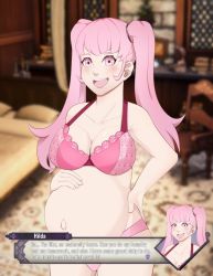  1girl blush bra breasts cleavage english_text female_focus fire_emblem fire_emblem:_three_houses hilda_valentine_goneril long_hair matching_hair/eyes navel nintendo open_mouth panties pink_bra pink_eyes pink_hair pink_panties pregnant smile solo standing text_box traveler_san twintails underwear underwear_only  rating:Questionable score:25 user:Realwindows95
