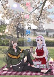  2girls black_shorts brown_eyes commentary_request dress green_jacket grey_hair hair_down hairband highres jacket kantai_collection leggings_under_shorts long_hair multiple_girls official_alternate_costume orikoshi_shino photo_background red_dress red_hairband shirt shorts shoukaku_(kancolle) sitting white_hair white_shirt zuikaku_(kancolle) 
