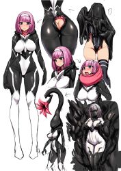  1girl ass bodysuit breasts butt_crack character_sheet commentary_request covered_face green_eyes impossible_bodysuit impossible_clothes ishimiso_(ishimura) large_breasts living_clothes looking_at_viewer medium_hair original pink_hair progression skin_tight symbiote tentacle_clothes thighs wide_hips  rating:Questionable score:111 user:danbooru