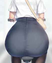 1girl a.x. absurdres ass ass_focus bag bicycle highres office_lady original pantyhose pantylines pencil_skirt shirt shirt_tucked_in short_sleeves sitting skirt solo white_shirt rating:Questionable score:43 user:JustHere4Butts