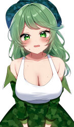  1girl :o aqua_hat blush breasts cabbie_hat camouflage cleavage collarbone commission dress green_dress green_eyes green_hair hat highres large_breasts looking_at_viewer shinonome_asu simple_background skeb_commission solo sweat tank_top touhou v_arms white_background white_tank_top yamashiro_takane 