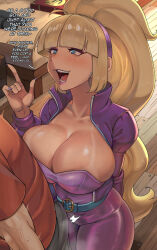  1boy 1girl alternate_breast_size blonde_hair blue_eyes breasts bulge cleavage dipper_pines earrings english_text erection erection_under_clothes fingernails gravity_falls highres hoop_earrings jewelry large_breasts nail_polish open_mouth pacifica_northwest red_shirt shirt soba_rshi teeth tongue 