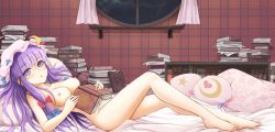 1girl :o bad_id bad_pixiv_id barefoot bed blush book book_stack breasts cibo_(killy) crescent curtains cushion feet hat legs looking_at_viewer lying magic_circle nipples nude on_back patchouli_knowledge pillow purple_eyes purple_hair ribbon round_window solo touhou window rating:Questionable score:23 user:danbooru
