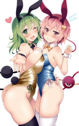 2girls ;d alternate_breast_size animal_ears ass asymmetrical_docking bare_shoulders black_legwear blush bow bowtie breast_press breasts bright_pupils cowboy_shot detached_collar embarrassed fake_animal_ears female_focus flying_sweatdrops from_side green_eyes green_hair hairband heart highleg highleg_leotard komeiji_koishi komeiji_satori kusano_(torisukerabasu) large_breasts leotard looking_at_viewer multiple_girls one_eye_closed open_mouth outstretched_arm pink_eyes pink_hair playboy_bunny rabbit_ears rabbit_tail short_hair shy siblings simple_background sisters skindentation small_breasts smile standing strapless strapless_leotard tail thighhighs third_eye touhou wavy_mouth white_background white_legwear white_pupils wrist_cuffs yuri rating:Questionable score:27 user:danbooru