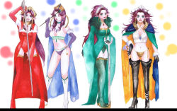  1girl angela_(seiken_densetsu_3) arch_mage bad_id bad_pixiv_id bikini boots breasts cape choker cleavage corrupted_metadata costume_chart dress earrings elbow_gloves gloves grand_diviner green_eyes hair_tubes hat high_heels imouto_hitori jewelry leotard lipstick long_hair magus_(seiken_densetsu_3) makeup medium_breasts midriff multiple_persona necklace painting_(medium) pointy_ears purple_hair red_leotard rune_master seiken_densetsu seiken_densetsu_3 shoes square_enix staff swimsuit thigh_boots thighhighs traditional_media wand watercolor_(medium) 