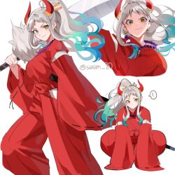 1girl archived_source bad_id bad_twitter_id blue_hair commentary cosplay earrings floating_hair green_hair hair_ornament hakama high_ponytail holding holding_sword holding_weapon horns inuyasha inuyasha_(character) inuyasha_(character)_(cosplay) japanese_clothes jewelry joman kimono korean_commentary looking_at_viewer multicolored_hair multiple_views necklace one_piece ponytail profile red_hakama red_horns red_kimono short_bangs sidelocks smile solo squatting standing sword weapon white_hair yamato_(one_piece) yellow_eyes rating:General score:15 user:danbooru
