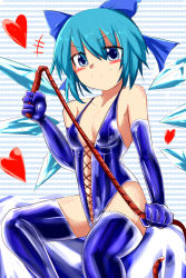  1girl absurdres bare_shoulders bdsm bibijinn blue_bow blue_eyes blue_gloves blue_hair blush bondage_outfit boots bow breasts cirno cleavage dominatrix elbow_gloves femdom gloves heart highres ice ice_wings latex sadism sitting small_breasts smile touhou whip wings  rating:Questionable score:23 user:WordedPuppet