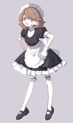  1girl absurdres apron black_dress black_footwear brown_eyes brown_hair collared_shirt commentary dress earrings frilled_hairband frilled_skirt frilled_thighhighs frills full_body grey_background hairband hands_on_own_hips highres jewelry juliet_sleeves light_blush long_sleeves looking_at_viewer maid maid_apron maid_headdress medium_hair official_alternate_costume open_mouth pearl_earrings persona persona_3 persona_3_reload pointing pointing_down puffy_short_sleeves puffy_sleeves shirt shoes short_sleeves skirt smile solo standing stud_earrings takeba_yukari thighhighs weyiyuntfn white_hairband white_shirt white_thighhighs wrist_cuffs 
