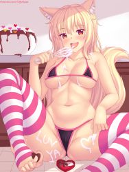 1girl animal_ear_fluff animal_ears bikini blonde_hair blush box breasts candy cat_ears chocolate chocolate_heart collarbone commentary cream_on_body english_commentary food heart heart-shaped_box heart-shaped_pupils highres large_breasts long_hair looking_at_viewer navel nottytiffy open_mouth original red_eyes sitting solo spread_legs striped_clothes striped_thighhighs swimsuit symbol-shaped_pupils thighhighs tiffy_(nottytiffy) tongue whisk rating:Questionable score:64 user:danbooru