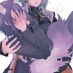  2girls animal_ear_fluff animal_ears aqua_eyes black_dress black_hair blush breath carrying carrying_person chief_(path_to_nowhere) chinese_commentary commentary_request covering_face dog_ears dog_girl dog_tail dress female_chief_(path_to_nowhere) hand_on_another&#039;s_shoulder hands_on_own_face kemonomimi_mode long_sleeves multiple_girls nightingale_(path_to_nowhere) parted_lips path_to_nowhere sardine-flavored_potatoes simple_background sweat tail white_background yuri 