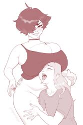  2girls bottomless breasts curvy degs highres huge_breasts isabel_(degs) mature_female mother_and_daughter multiple_girls navel pubic_stubble stomach thick_thighs thighhighs thighs wide_hips  rating:Questionable score:38 user:SimpleMan3434