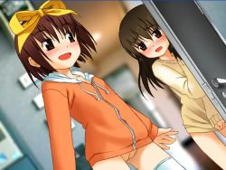 2girls blush bottomless brown_hair cleft_of_venus covering_privates dutch_angle exhibitionism eye_contact hair_ornament hairband loli looking_at_another multiple_girls naked_sweater no_panties nude open_mouth public_indecency pussy roshutsu_de_asobou sakurazaka_maya short_hair shy smile sol-fa-soft standing suzumiya_anna sweater thigh_gap thighhighs uncensored white_legwear yoshida_seiji rating:Explicit score:172 user:Dragonmaster61