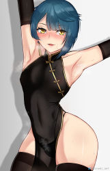 1boy aqua_hair armpits arms_up asymmetrical_hair black_dress black_thighhighs blue_hair blush china_dress chinese_clothes contrapposto crossdressing dress earrings elbow_gloves genshin_impact gloves highres hioyami jewelry male_focus medium_hair navel open_mouth see-through shadow single_earring solo sweat thighhighs trap twitter_username wide_hips xingqiu_(genshin_impact) yellow_eyes rating:Questionable score:171 user:FabricioDias