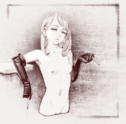  1girl black_gloves blush breasts cigarette dominatrix elbow_gloves female_focus femdom flat_chest gloves highres loli monochrome muk_(monsieur) nipples small_breasts smoking solo topless  rating:Explicit score:192 user:Panty_worm