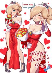  1girl arm_under_breasts bare_shoulders blonde_hair blue_eyes bouquet breasts brooch cleavage crown dress earrings eyelashes fire_flower fire_rosalina flower hair_ornament happy_tears heart high_heels highres holding holding_bouquet jewelry large_breasts long_hair long_sleeves looking_at_viewer mario_(series) mother&#039;s_day multiple_views nintendo off-shoulder_dress off_shoulder official_alternate_hairstyle pelvic_curtain ponytail purple_nails red_dress rosalina signature smile speech_bubble star_(symbol) star_brooch star_earrings super_mario_3d_world tears toggy_keiichi white_background 