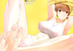 1girl abs absurdres armpits arms_up barefoot breasts brown_hair fate/grand_order fate_(series) feet foot_focus fujimura_taiga greek_toe highres huge_filesize large_breasts legs looking_at_viewer panties red_hair ruton-niki see-through soles sweat toenails toes toned translation_request underwear yellow_eyes rating:Questionable score:73 user:danbooru