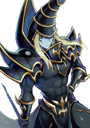  1boy abs armor black_armor black_hat blonde_hair blue_eyes blue_skin colored_skin dark_magician duel_monster facial_mark hat holding holding_staff izapara looking_at_viewer male_focus shoulder_armor simple_background solo staff toned toned_male twitter_username white_background yu-gi-oh! 