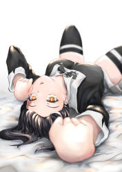  1girl absurdres alternate_costume animal_hands bed black_dress black_hair black_shirt black_thighhighs blouse breasts dress en&#039;en_no_shouboutai from_above highres looking_at_viewer lying medium_breasts on_back parted_lips paw_pose shirt skindentation solo spread_legs sueoki_makura tamaki_kotatsu thighhighs thighs twintails white_background yellow_eyes  rating:Sensitive score:47 user:JustHere4Butts