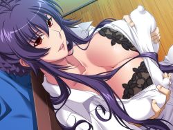    black_rainbow blue_hair blush bra braid grabbing_another&#039;s_breast breasts cleavage dutch_angle covered_erect_nipples game_cg lace lace-trimmed_bra large_breasts lingerie lipstick long_hair mature_female open_clothes open_shirt purple_hair red_eyes saiminjutsu_2 sakurai_sawa grabbing_own_breast smile sweat underwear very_long_hair yoshino_keiko  rating:Questionable score:50 user:St._Araqiel