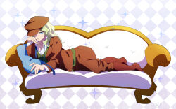  1girl alternate_costume argyle argyle_background arikindows10 blonde_hair blue_eyes breasts brown_hat brown_jacket brown_pants brown_socks cleavage closed_mouth commentary_request couch cushion diana_cavendish elbow_rest full_body green_vest hat jacket little_witch_academia long_hair looking_at_viewer lying necktie on_stomach pants peaked_cap shirt socks solo sparkle undone_necktie vest wavy_hair white_shirt 