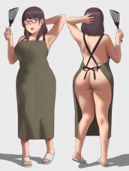  1girl :d apron arm_behind_head ass black_hair breasts glasses grey_background highres large_breasts long_hair mole mole_on_thigh mole_under_mouth mongolian_spot multiple_views naked_apron open_mouth original plump ryokucha_michi sandals shadow simple_background smile spatula standing thighs 