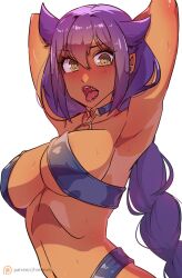  1girl armpits arms_behind_head arms_up blush braid braided_ponytail breasts cleavage commentary dark-skinned_female dark_skin english_commentary eyelashes fangs hair_between_eyes hair_flaps highres himmely jahy jahy-sama_wa_kujikenai! large_breasts long_hair looking_at_viewer o-ring o-ring_top open_mouth patreon_logo patreon_username pointy_ears purple_hair saliva sideboob simple_background single_braid slit_pupils solo stomach sweat tongue tongue_out upper_body white_background yellow_eyes 