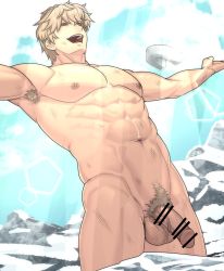 1boy :d abs arima_(arima_bn) armpit_hair armpits bar_censor bara blonde_hair censored completely_nude fate/extra fate/grand_order fate_(series) flaccid gawain_(fate) groin highres large_pectorals male_focus male_pubic_hair muscular muscular_male navel nipples nude open_mouth outstretched_arms pectorals penis pubic_hair short_hair smile snow solo spread_arms stomach testicles thick_thighs thighs veins veiny_penis rating:Explicit score:38 user:danbooru