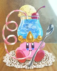  cherry drink drinking_straw food food_focus food_on_head fruit highres holding holding_spoon ice_cream ice_cream_float kirby kirby_(series) miclot nintendo no_humans object_on_head sitting spoon table 
