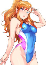  1girl :o ahoge arm_up bare_arms bare_shoulders blue_eyes blue_one-piece_swimsuit blush breasts commentary_request competition_swimsuit covered_navel cowboy_shot d: groin heterochromia highleg highleg_swimsuit highres idolmaster leon_(idolmaster) long_hair looking_at_viewer medium_breasts one-piece_swimsuit open_mouth pink_eyes ponytail sidelocks simple_background skin_tight solo standing swimsuit tsurime tsurui white_background  rating:Sensitive score:45 user:danbooru