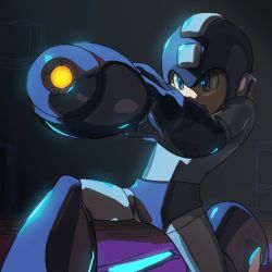  1boy android animated animated_gif arm_cannon arm_grab blue_eyes capcom clenched_teeth firing helmet lowres male_focus mega_man_(classic) mega_man_(series) on_one_knee robot mega_man_(character) solo teeth weapon  rating:Sensitive score:21 user:danbooru