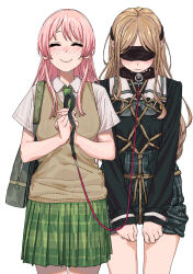  2girls absurdres b9_(rrrqqq) bag bang_dream! bang_dream!_it&#039;s_mygo!!!!! bdsm black_collar blindfold blush bondage bound breasts brown_hair brown_sweater_vest chihaya_anon closed_eyes closed_mouth collar collared_shirt commentary crotch_rope diagonal-striped_clothes diagonal-striped_necktie green_bag green_necktie green_serafuku green_skirt grey_necktie haneoka_school_uniform highres holding holding_leash leash long_hair long_sleeves medium_breasts multiple_girls nagasaki_soyo necktie own_hands_together plaid plaid_skirt pleated_skirt sailor_collar school_bag school_uniform serafuku shibari shibari_over_clothes shirt short_hair shoulder_bag sidelocks simple_background skirt smile striped_clothes sweater_vest tsukinomori_school_uniform white_background white_sailor_collar white_shirt yuri  rating:Questionable score:52 user:danbooru