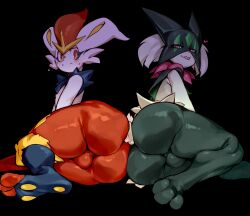 2boys ass black_background cinderace creatures_(company) doppel_(bonnypir) furry furry_male game_freak gen_8_pokemon highres huge_ass looking_at_viewer meowscarada multiple_boys nintendo pokemon simple_background smile sweat testicles tongue tongue_out rating:Questionable score:91 user:xAkira